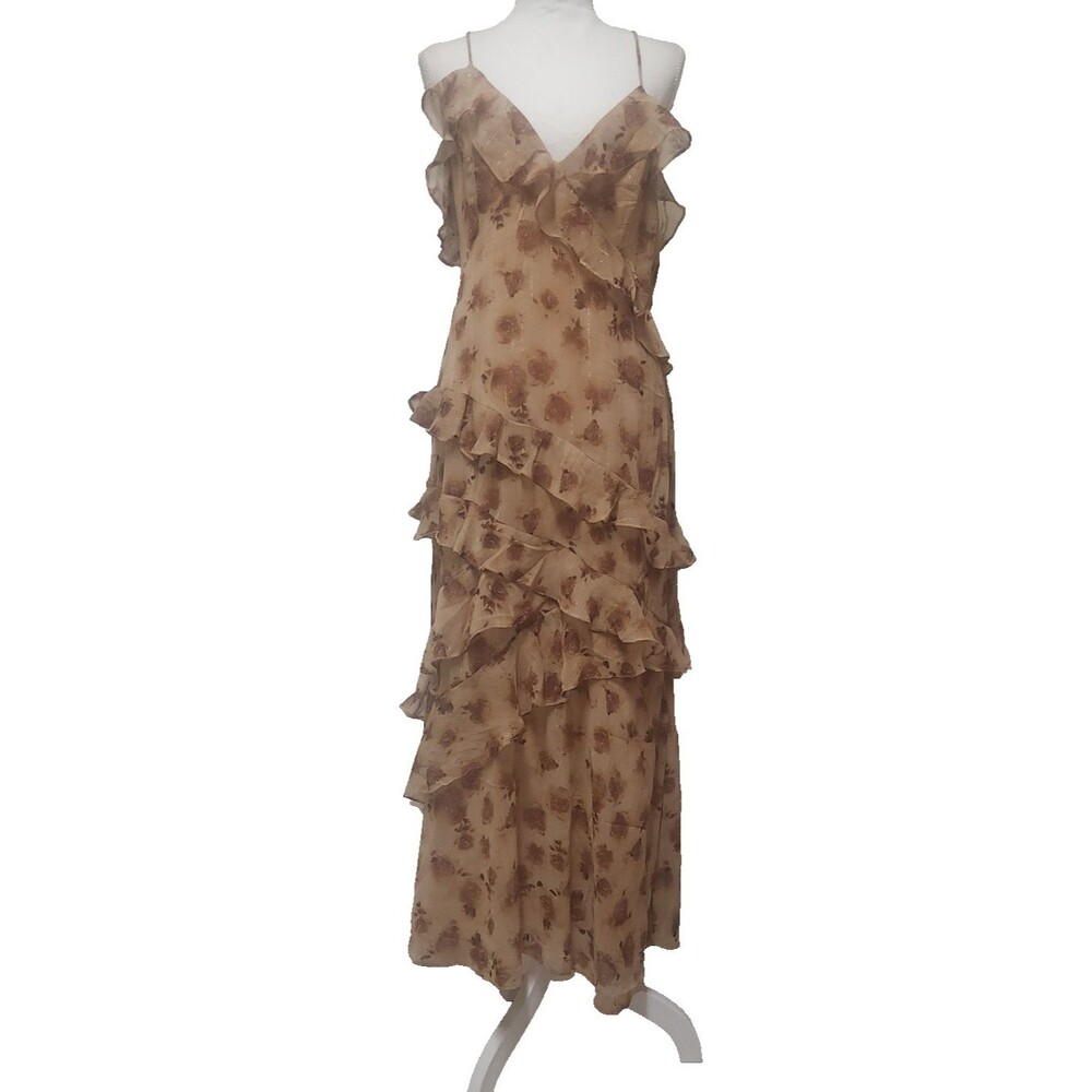 Storia Floral Cascading Ruffle Asymmetrical VNeck Tiered Maxi Brown Tan Dress XL
